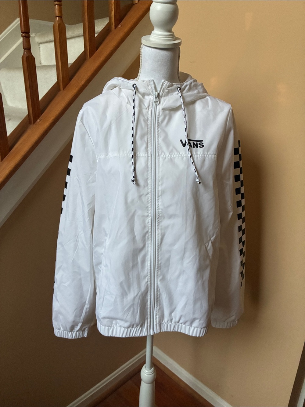 Vans White Hooded Windbreaker with Black Checkerboard Sleeves